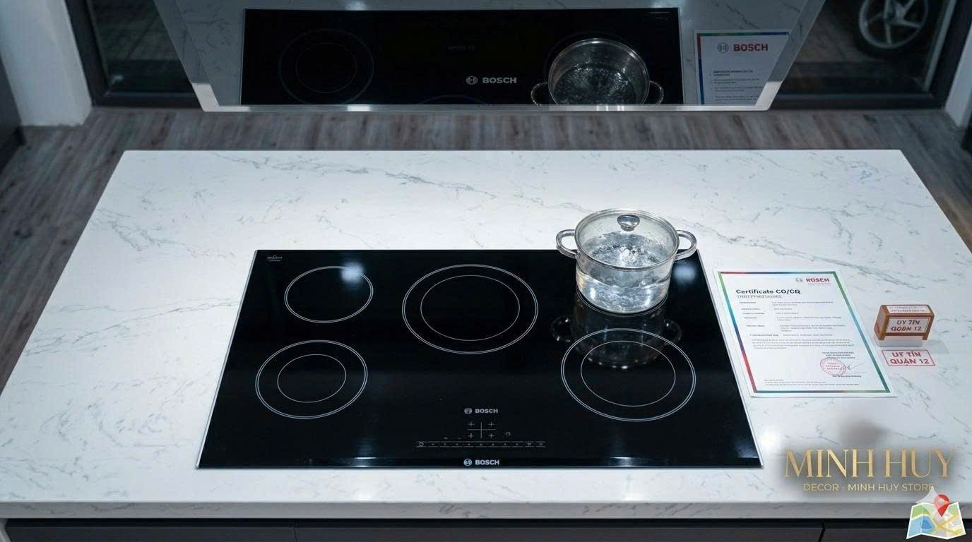 Bếp từ Bosch PMI82560VN chính hãng với CO/CQ đầy đủ tại showroom Minh Huy Decor Quận 12.