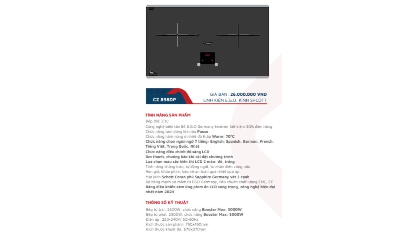 Bếp từ Canzy CZ-898DP  – Linh kiện E.G.O Đức, mặt kính Schott