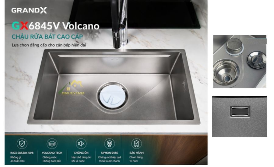 chậu rửa bát GrandX GX6845V Volcano 1 hố kèm rổ inox thớt nhựa phụ kiện đầy đủ