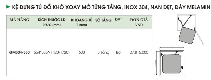 Kệ Đựng Tủ Đồ Khô Xoay Mở Từng Tầng, Inox 304, Nan Dẹt, Đáy Melamin