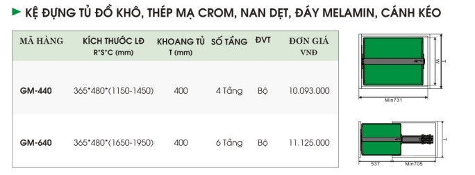 Kệ Đựng Tủ Đồ Khô, Thép Mạ Crom, Nan Dẹt, Đáy Melamin Cánh Kéo