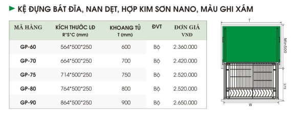 Kệ Đựng Bát Đĩa, Nan Dẹt, Phủ Nano, Màu Ghi Xám