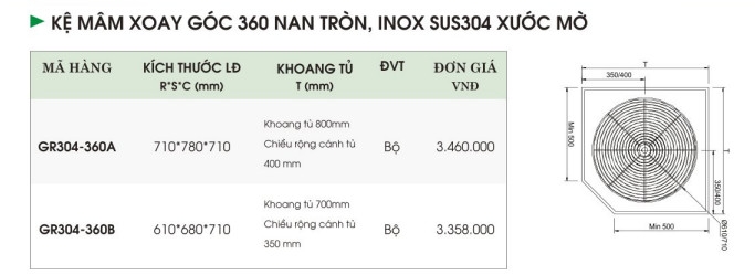 Kệ Mâm Xoay Góc 360 Nan Tròn, Inox SUS304 Xước Mờ