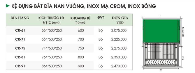 Kệ Đựng Bát Đĩa, Nan Vuông, Inox Mạ Crom, Inox Bóng