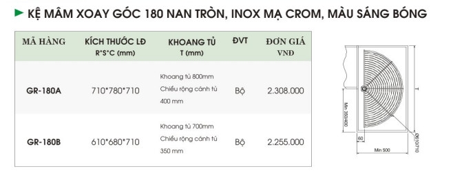 Kệ Mâm Xoay Góc 180 Nan Tròn, Inox Mạ Crom, Inox Bóng