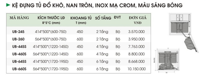 Kệ Đựng Tủ Đồ Khô Nan Tròn, Inox Mạ Crom, Inox Bóng