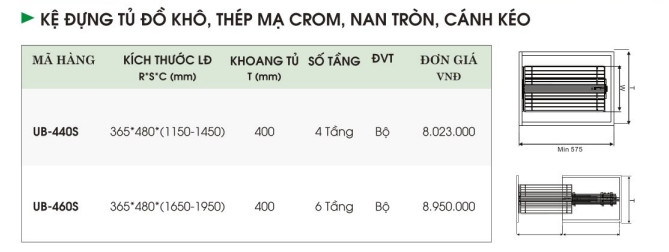 Kệ Đựng Tủ Đồ Khô, Thép Mạ Crom, Nan Tròn, Cánh Kéo