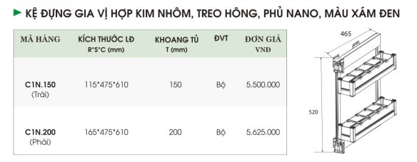 Kệ Đựng Gia Vị Hợp Kim Nhôm  Treo Hông, Phủ Nano, Màu Xám Đen