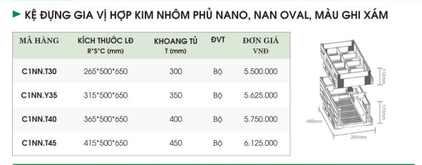 Kệ Đựng Gia Vị Hợp Kim Nhôm Phủ Nano, Nan Oval Màu Ghi Xám