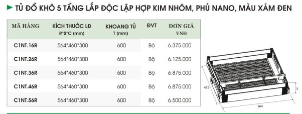 Tủ Đồ Khô 5 Tầng Lắp Độc Lập Hợp Kim Nhôm, Phủ Nano, Màu Xám Đen