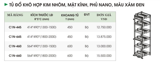 Tủ Đồ Khô Hợp Kim Nhôm, Mặt Kính Phủ Nano, Màu Xám Đen