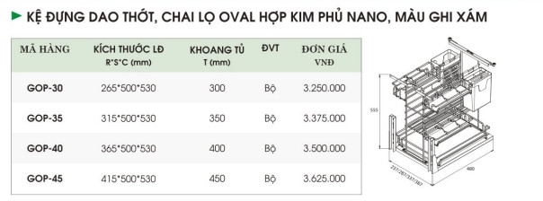 Kệ đựng dao thớt, chai lọ nan oval hợp kim phủ nano, màu ghi xám