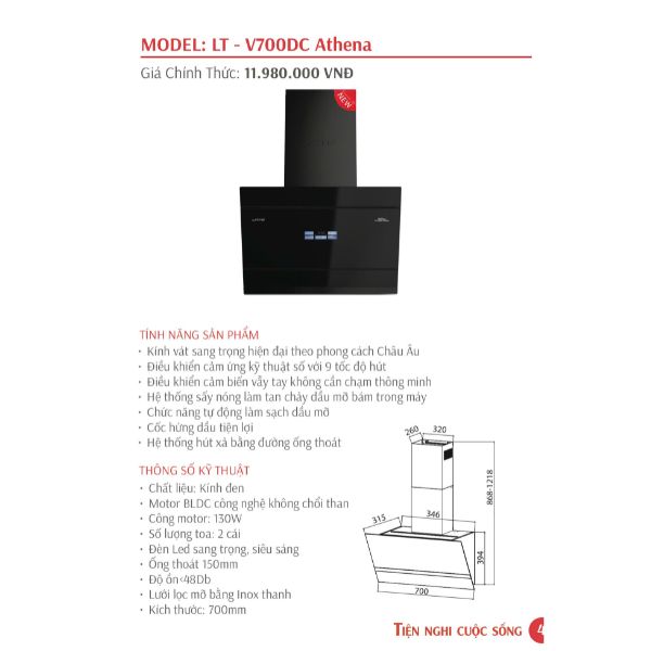 Máy hút mùi Latino LT-V700DC Athena cảm biến vẫy tay